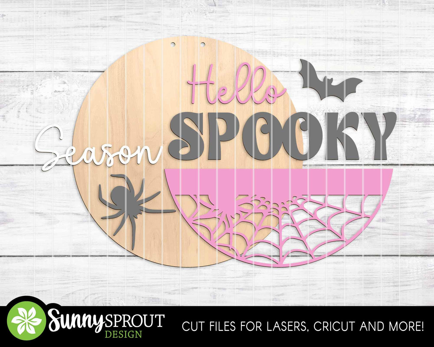 Hello Spooky Season Web Spider Bat Sign, Digital Download, SVG Laser Cut File, Cricut, Round Halloween Door Hanger Design