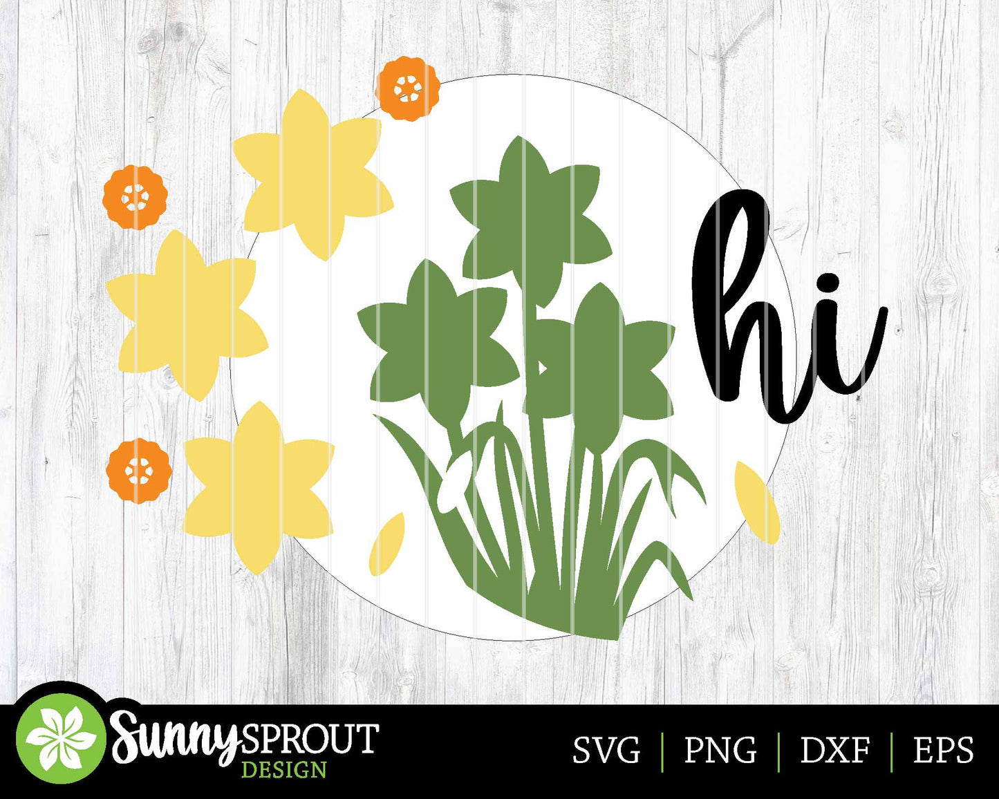 Hi Daffodil Flower Sign, Digital download, SVG Laser cut file, Cricut, Round door hanger design, Spring Easter decor