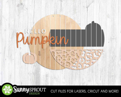 Hello Pumpkin Leopard Print Sign, Digital Download, SVG Laser Cut File, Cricut, Fall Round Door Hanger Design
