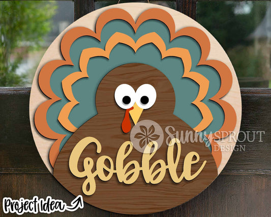 Gobble Turkey Sign, Digital Download, SVG Laser Cut File, Cricut, Round Thanksgiving Fall Door Hanger Design