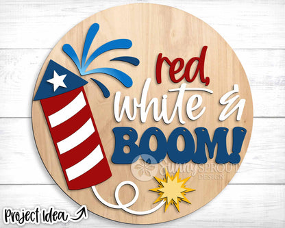 Red, White & Boom Firecracker Sign, Digital Download, SVG Laser Cut File, Cricut, Round Door Hanger Design, Patriotic 4th of July Decor