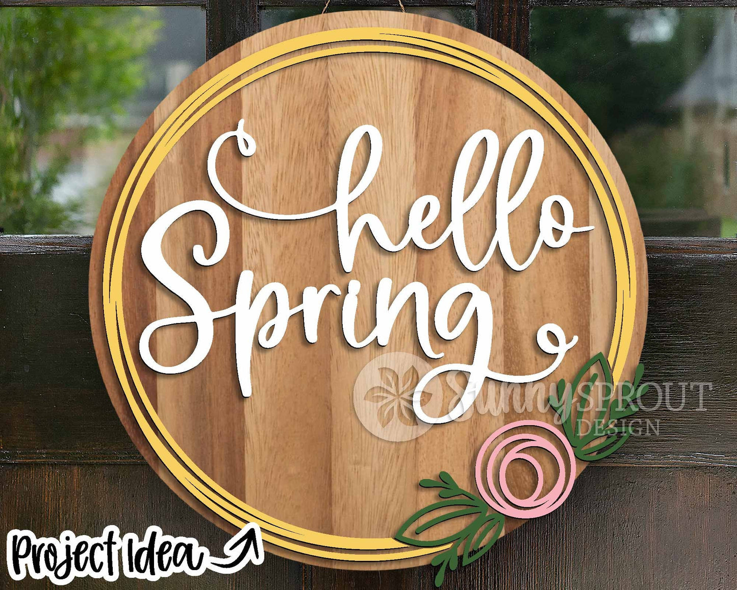Hello Spring Flower Wreath Sign, Digital download, SVG Laser cut file, Cricut, Round door hanger design