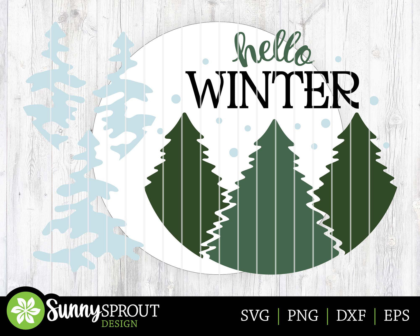 Hello Winter Snowy Pine Trees Sign, Round door hanger svg, Glowforge laser cut file, Cricut, Winter decor, Christmas svg