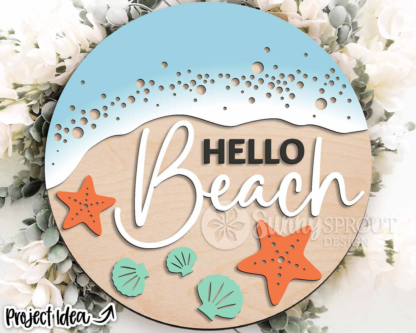 Hello Beach Shoreline Sign, Digital download, SVG Laser cut file, Cricut, Round door hanger wall art design, Ocean coastal decor