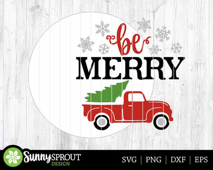 Be Merry Tree Old Truck Sign, Digital Download, SVG Laser Cut File, Cricut, Round Door Hanger Design, Farmhouse Christmas Decor