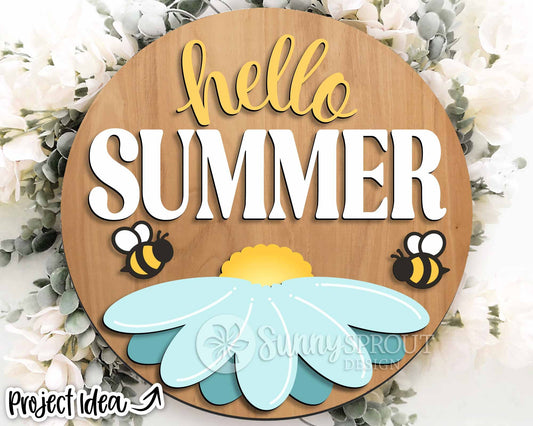 Hello Summer Bee Flower Sign, Digital Download, SVG Laser Cut File, Cricut, Round Door Hanger Design
