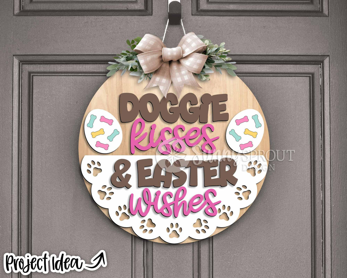 Doggie Kisses & Easter Wishes Sign, Digital download, SVG Laser cut file, Cricut, Round door hanger design, Easter dog decor