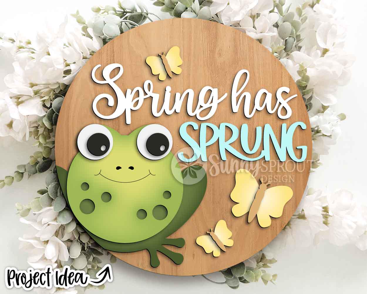 Spring Has Sprung Frog Butterfly Sign, Digital download, SVG Laser cut file, Cricut, Round door hanger design