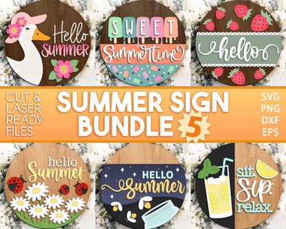 Summer Laser Sign Bundle 5, Round door hanger svg, Glowforge laser file, Cricut, Front door welcome sign, Hello summer svg