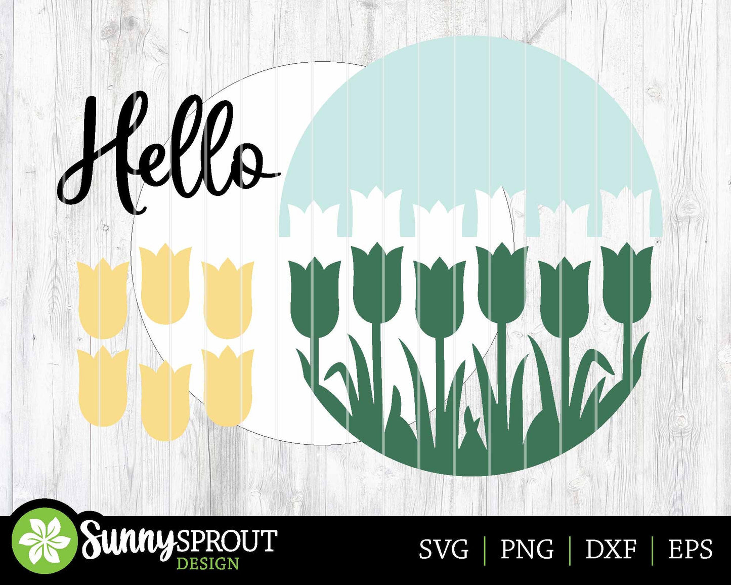 Hello Tulip Flower Sign, Digital download, SVG Laser cut file, Cricut, Round door hanger design, Spring Easter decor