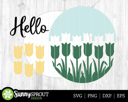 Hello Tulip Flower Sign, Digital download, SVG Laser cut file, Cricut, Round door hanger design, Spring Easter decor