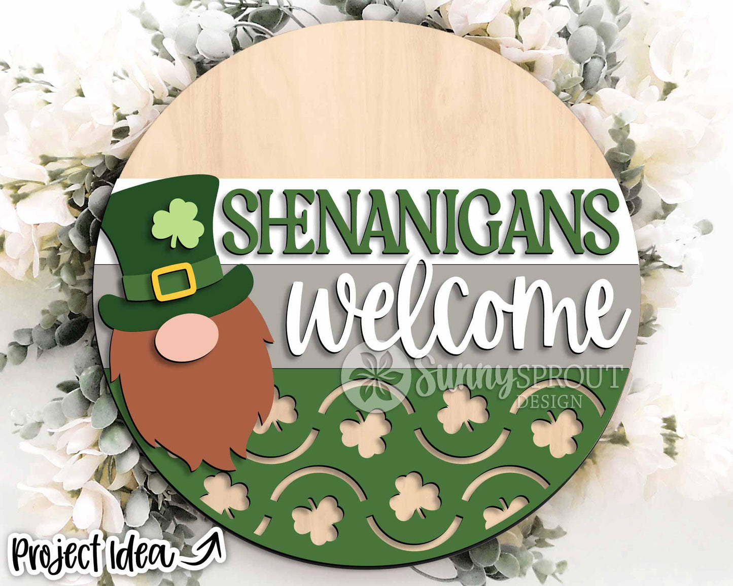 Shenanigans Welcome Gnome Sign, Digital Download, SVG Laser Cut File, Cricut, Round Door Hanger Design, St. Patrick's Day Decor