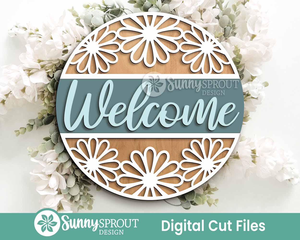 Welcome Daisy Pattern Sign, Digital download, SVG Laser cut file, Cricut, Round door hanger design, Spring summer decor