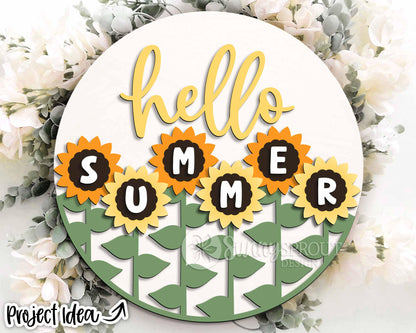 Hello Summer Sunflowers Sign, Digital Download, SVG Laser Cut File, Round Door Hanger Design