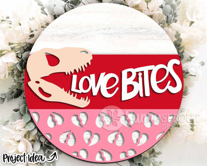 Love Bites T-Rex Skull Sign, Digital Download, SVG Laser Cut File, Cricut, Round Door Hanger Wall Art Design, Funny Valentine's Day Decor