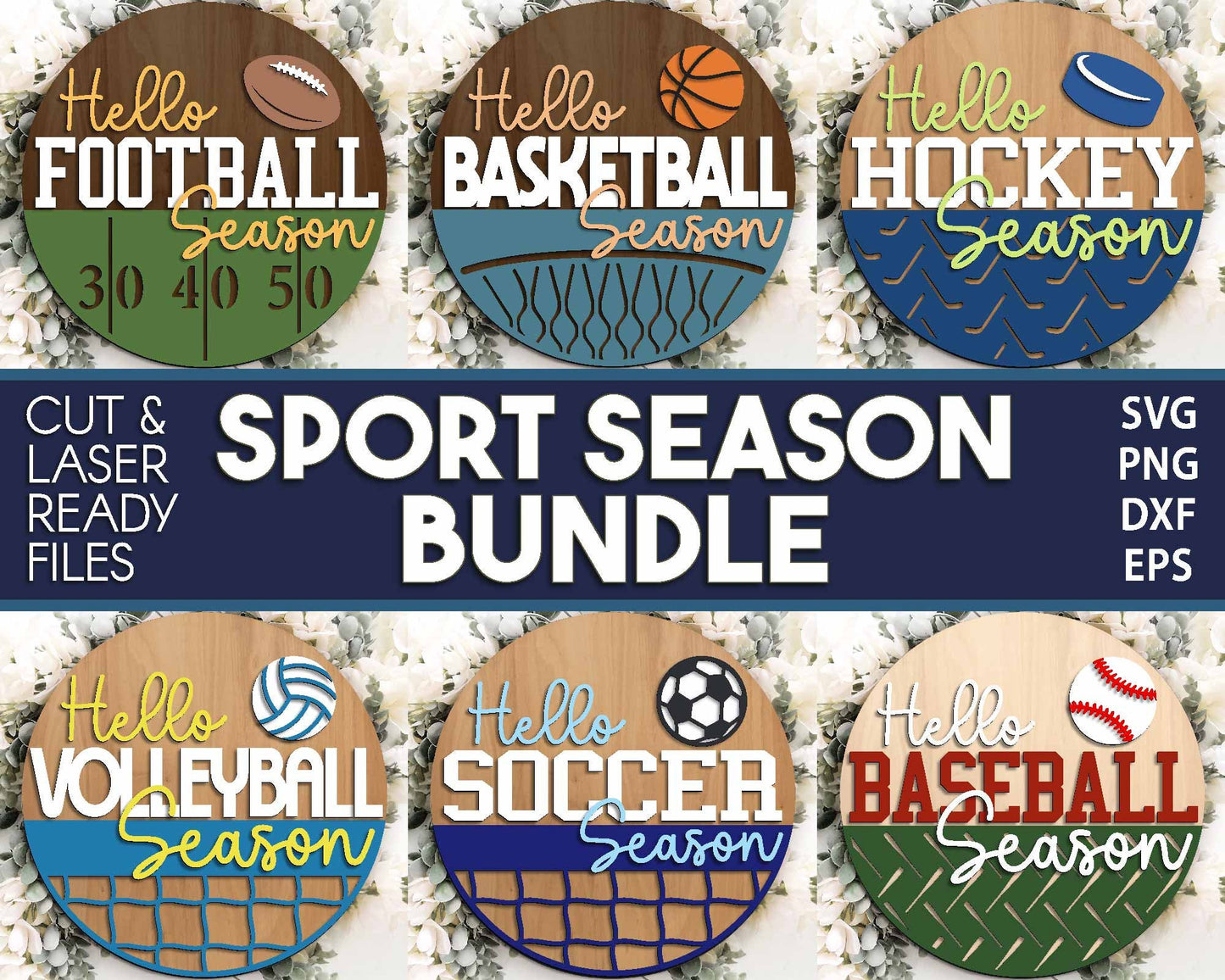 Sport Season Sign Bundle, Round door hanger svg, Glowforge laser file, Cricut, Football, Basketball, Hockey, Baseball