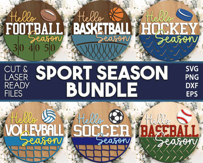 Sport Season Sign Bundle, Round door hanger svg, Glowforge laser file, Cricut, Football, Basketball, Hockey, Baseball