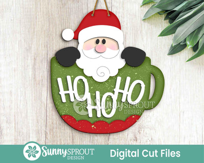 Ho Ho Ho Santa Mug Sign, Digital Download, SVG Laser Cut File, Cricut, Door Hanger Wall Art Design, Christmas Decor