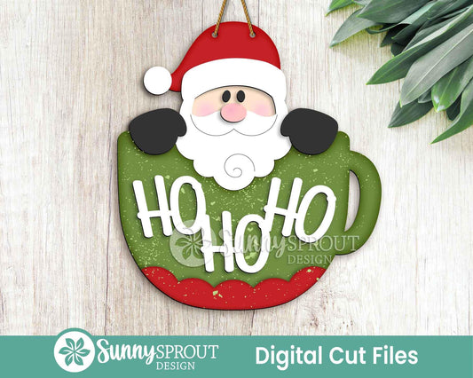 Ho Ho Ho Santa Mug Sign, Digital Download, SVG Laser Cut File, Cricut, Door Hanger Wall Art Design, Christmas Decor