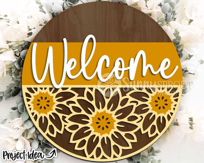 Welcome Sunflower Pattern Sign, Digital Download, SVG Laser Cut File, Cricut, Fall Summer Round Door Hanger Design