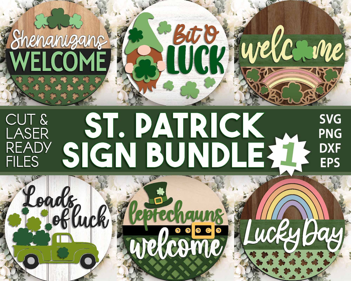 St. Patrick Laser Sign Bundle 1, Round door hanger, Glowforge laser file, Cricut cut, Silhouette, Shamrock welcome sign