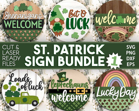 St. Patrick Laser Sign Bundle 1, Round door hanger, Glowforge laser file, Cricut cut, Silhouette, Shamrock welcome sign