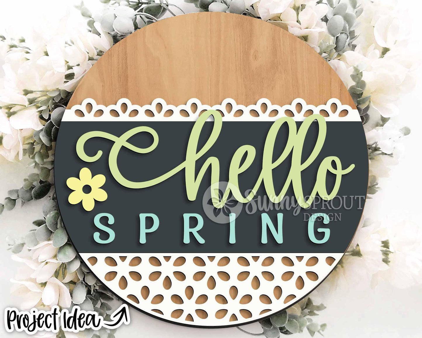 Hello Spring Lace Pattern Flower Sign, Digital download, SVG Laser cut file, Cricut, Round door hanger design