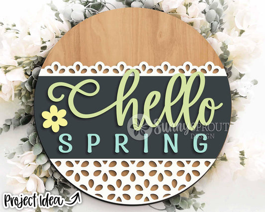 Hello Spring Lace Pattern Flower Sign, Digital download, SVG Laser cut file, Cricut, Round door hanger design
