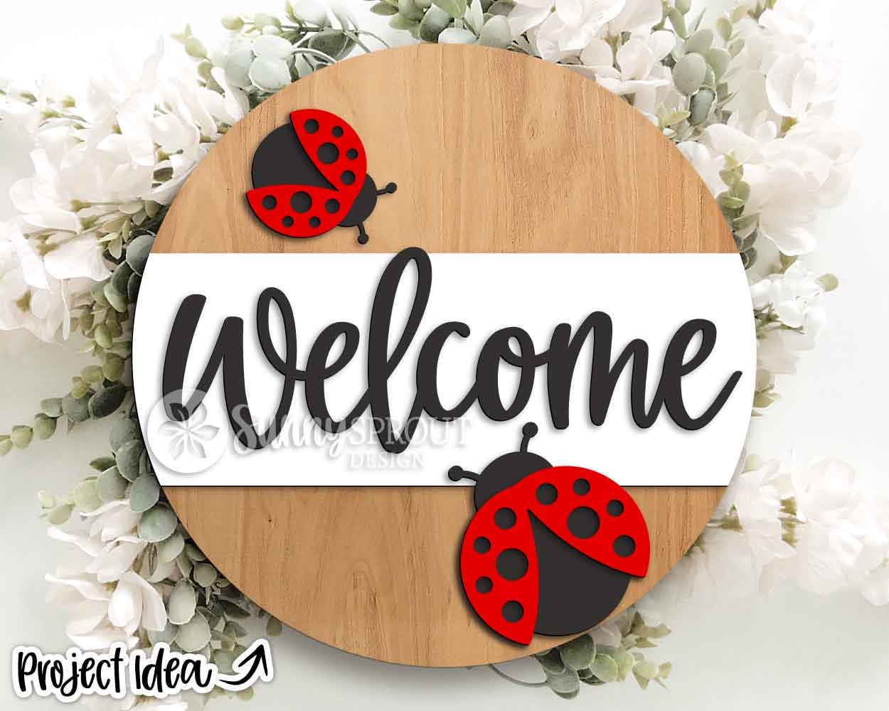 Welcome Ladybugs Sign, Digital Download, SVG Laser Cut File, Cricut, Spring Summer Fall Decor, Round Door Hanger Design