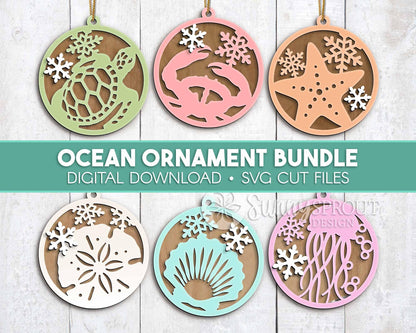 Ocean Snowflake Ornament Bundle, Digital download, SVG laser cut file, Cricut, Christmas beach design