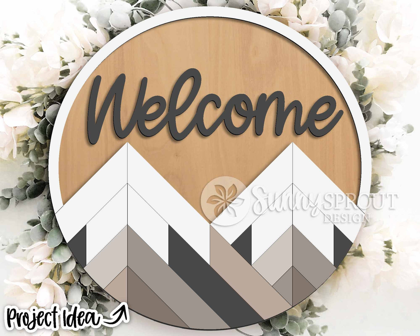 Geometric Mountain Welcome Sign, Digital download, SVG Laser cut file, Cricut, Round door hanger design, Camping cabin outdoor decor