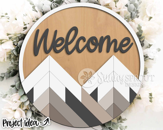Geometric Mountain Welcome Sign, Digital download, SVG Laser cut file, Cricut, Round door hanger design, Camping cabin outdoor decor
