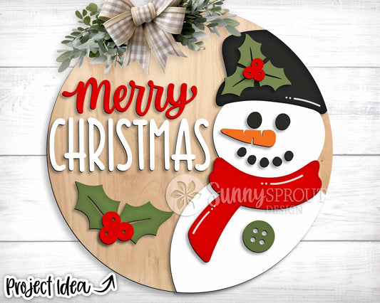 Merry Christmas Snowman Sign, Digital Download, SVG Laser Cut File, Cricut, Round Door Hanger Design