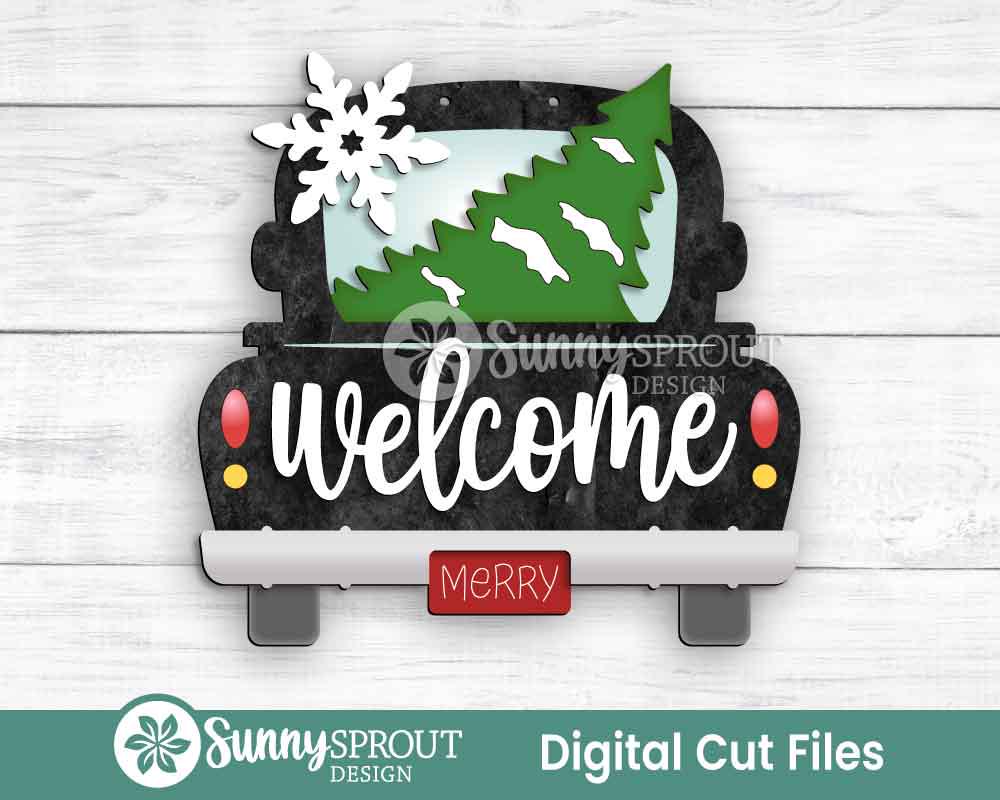 Welcome Christmas Tree Old Truck Sign, Digital Download, SVG Laser Cut File, Cricut, Door Hanger Design, Farmhouse Christmas Decor