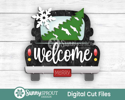 Welcome Christmas Tree Old Truck Sign, Digital Download, SVG Laser Cut File, Cricut, Door Hanger Design, Farmhouse Christmas Decor