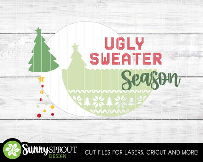 Ugly Sweater Season Sign, Digital Download, SVG Laser Cut File, Cricut, Round Door Hanger Design, Funny Christmas Decor