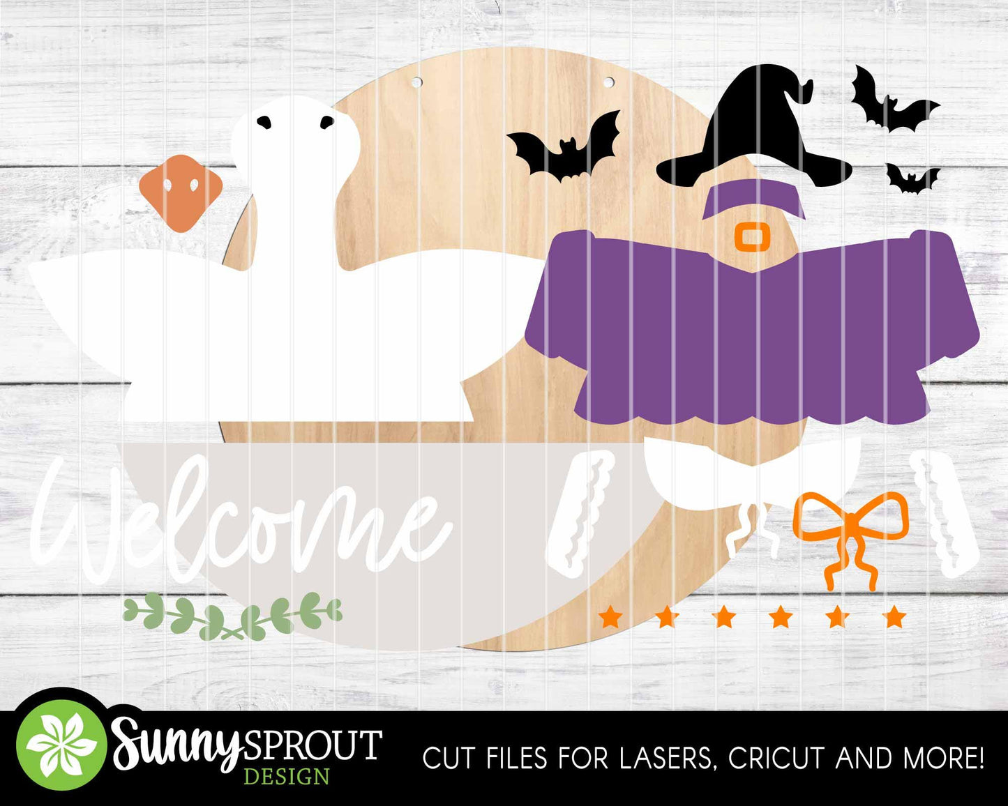 Goose Welcome Halloween Witch Sign, Digital Download, SVG Laser Cut File, Cricut, Round Halloween Door Hanger Design, Interchangeable Outfit