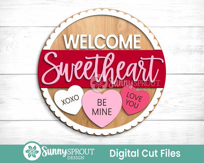 Welcome Sweetheart Conversation Hearts Sign, Digital Download, SVG Laser Cut File, Cricut, Round Door Hanger Design, Valentine's Day Decor