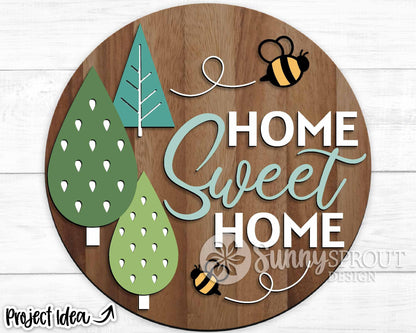 Home Sweet Home Trees Bees Sign, Digital Download, SVG Laser Cut File, Cricut, Summer Round Door Hanger Design