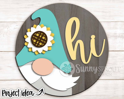 Hi Sunflower Gnome Sign, Digital Download, SVG Laser Cut File, Cricut, Summer Garden Round Door Hanger Design
