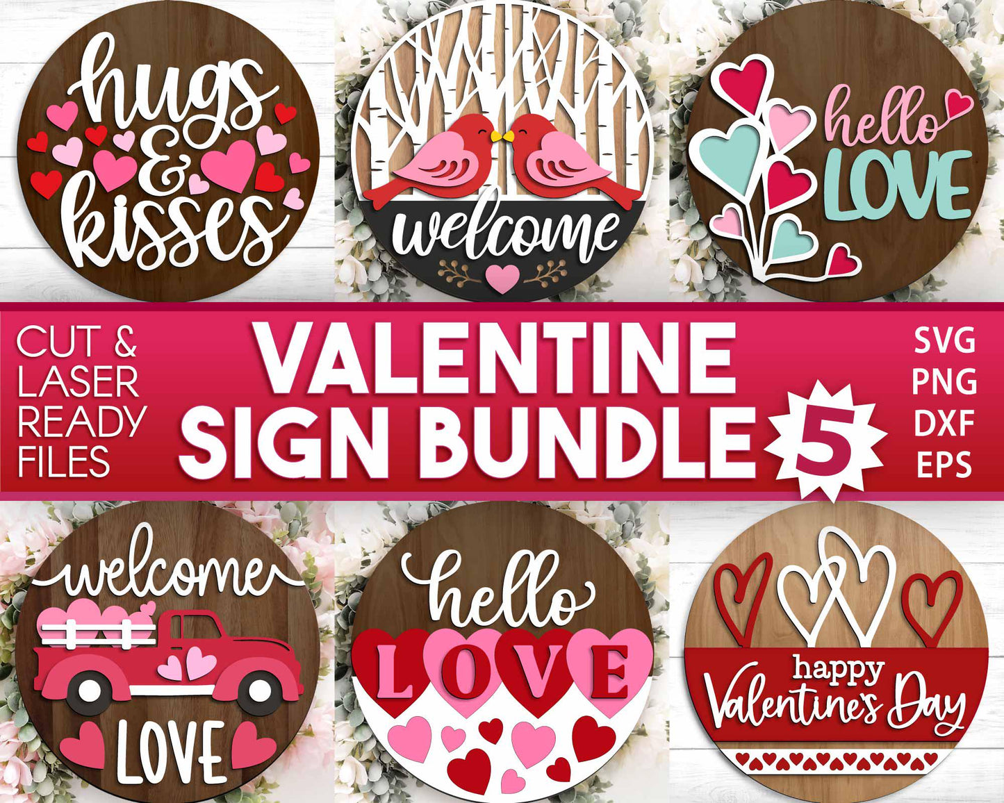 Valentine Laser Sign Bundle 5, Round door hanger, Glowforge laser file, Cricut, Heart welcome sign, Valentine's Day decor