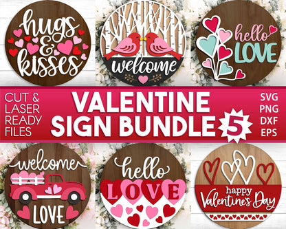Valentine Laser Sign Bundle 5, Round door hanger, Glowforge laser file, Cricut, Heart welcome sign, Valentine's Day decor