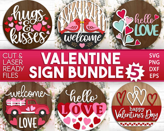 Valentine Laser Sign Bundle 5, Round door hanger, Glowforge laser file, Cricut, Heart welcome sign, Valentine's Day decor