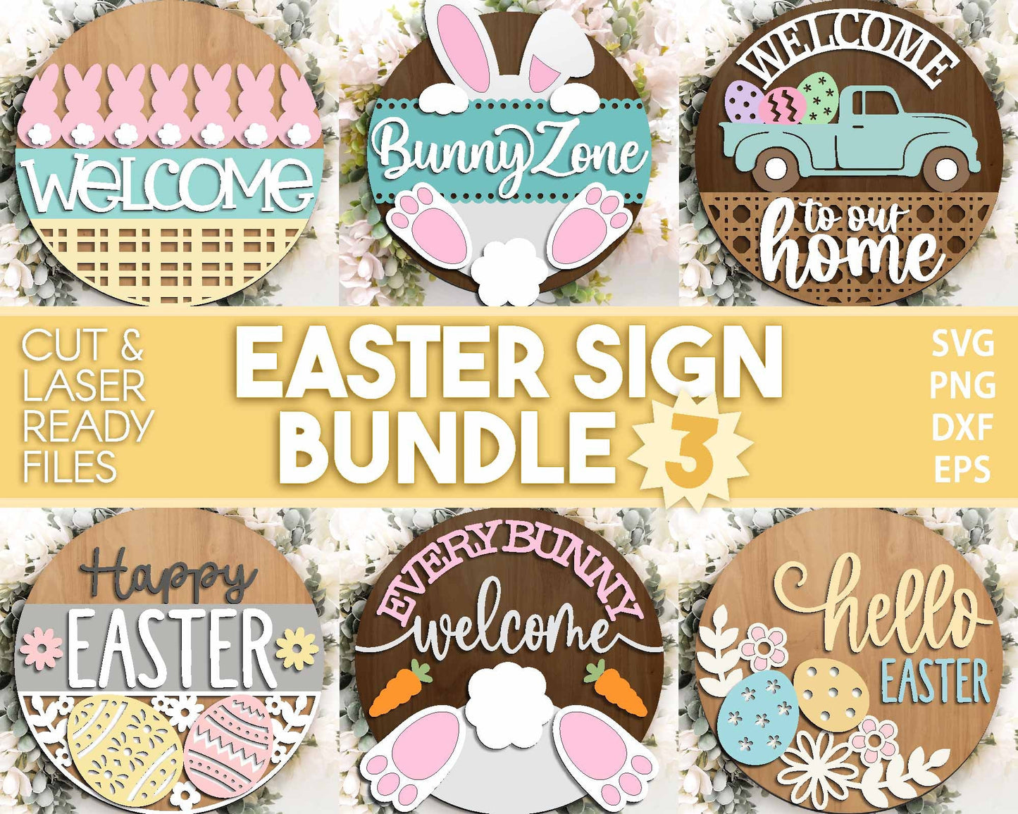 Easter Sign Bundle 3, Round door hanger svg, Glowforge laser file, Cricut, Spring welcome sign svg, Easter bunny egg svg