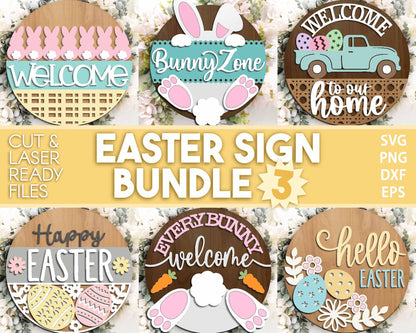 Easter Sign Bundle 3, Round door hanger svg, Glowforge laser file, Cricut, Spring welcome sign svg, Easter bunny egg svg