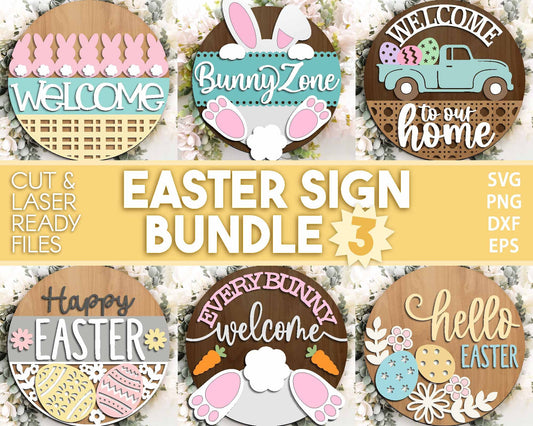 Easter Sign Bundle 3, Round door hanger svg, Glowforge laser file, Cricut, Spring welcome sign svg, Easter bunny egg svg