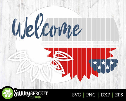 4th of July Sunflower Welcome Sign, Digital Download, SVG Laser Cut File, Cricut, Round Door Hanger Design, Patriotic 4th of July Decor