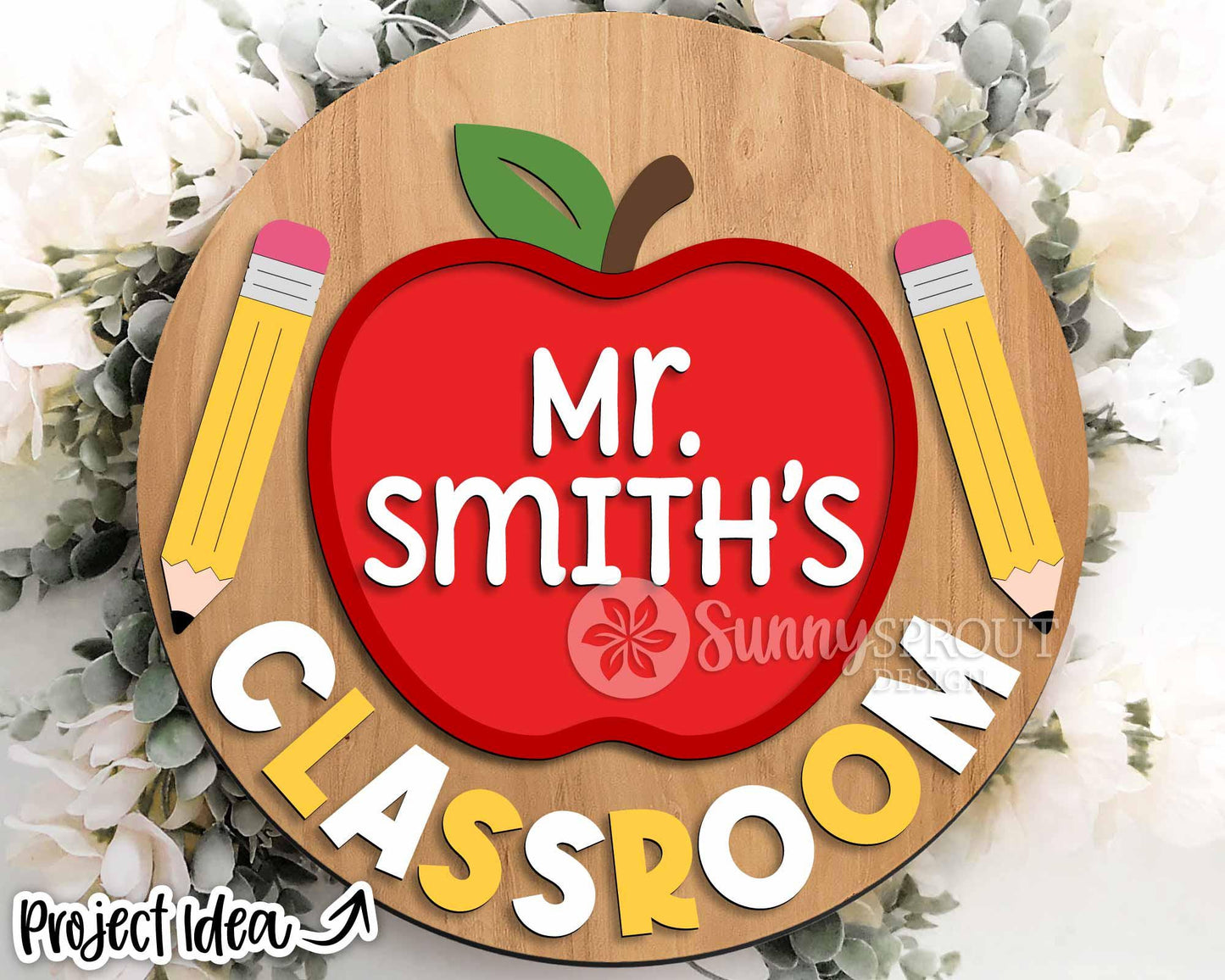 Classroom Apple Teacher Name Sign, Digital download, SVG Laser cut file, Cricut, Round door hanger design, Personalize school decor
