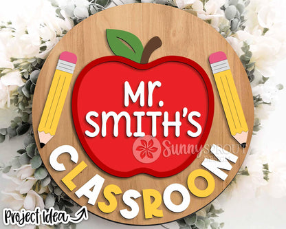 Classroom Apple Teacher Name Sign, Digital download, SVG Laser cut file, Cricut, Round door hanger design, Personalize school decor
