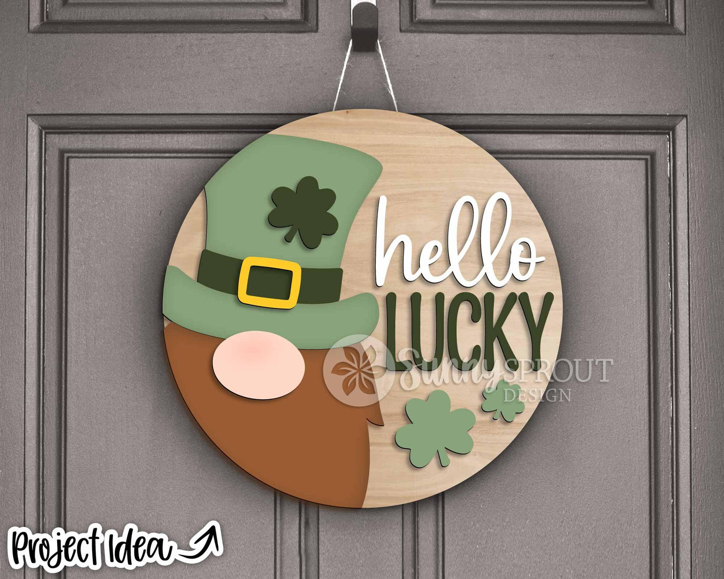 Hello Lucky Leprechaun Gnome Sign, Digital Download, SVG Laser Cut File, Cricut, Round Door Hanger Design, St. Patrick's Day Decor